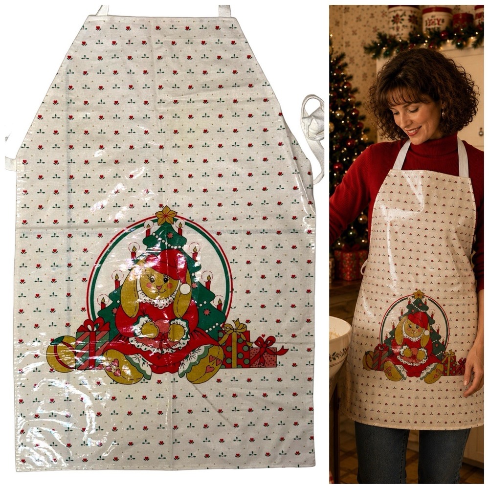 NWT Vintage 1991 Apron PVC Cotton Christmas Bunny Candles Nostalgic Hong Kongโ